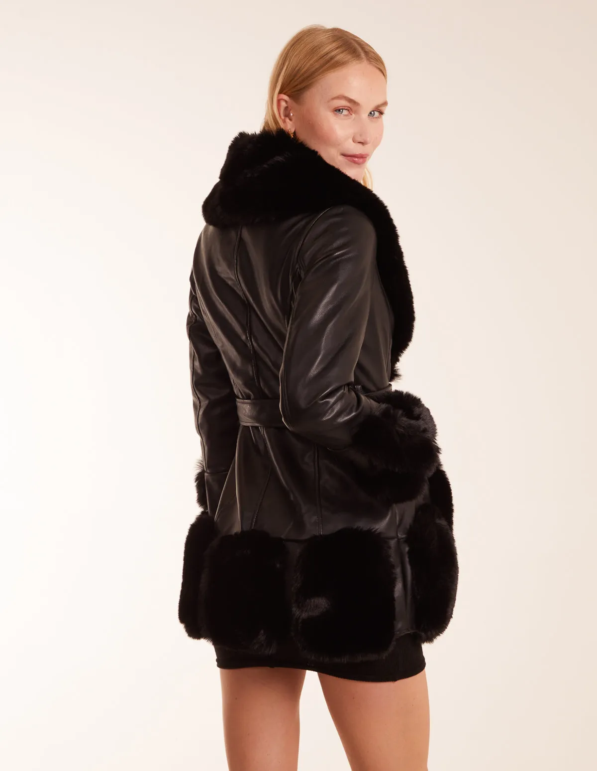 Faux Fur Collar PU Belted Coat