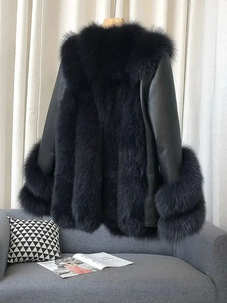 Fox Fur Leather Coat Women's