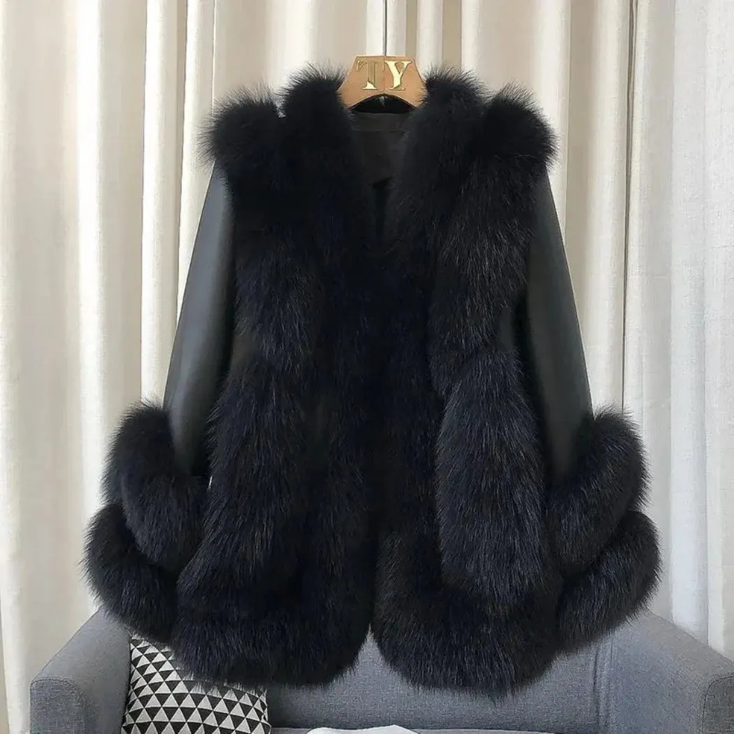 Fox Fur Leather Coat Women's