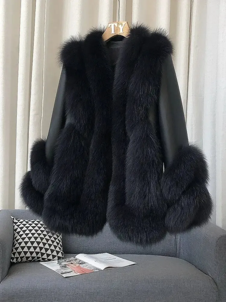 Fox Fur Leather Coat Women's