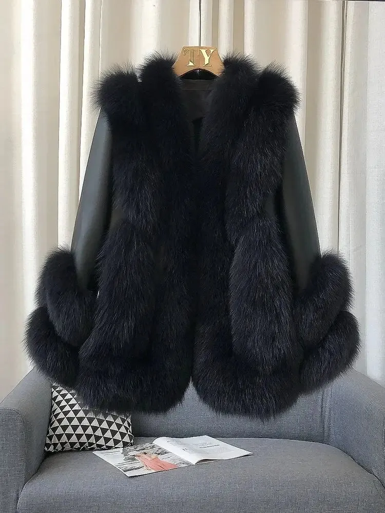 Fox Fur Leather Coat Women's