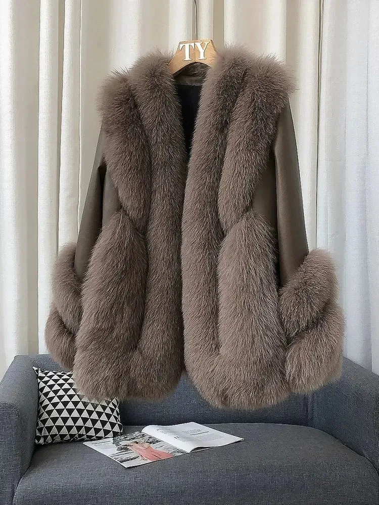 Fox Fur Leather Coat Women's