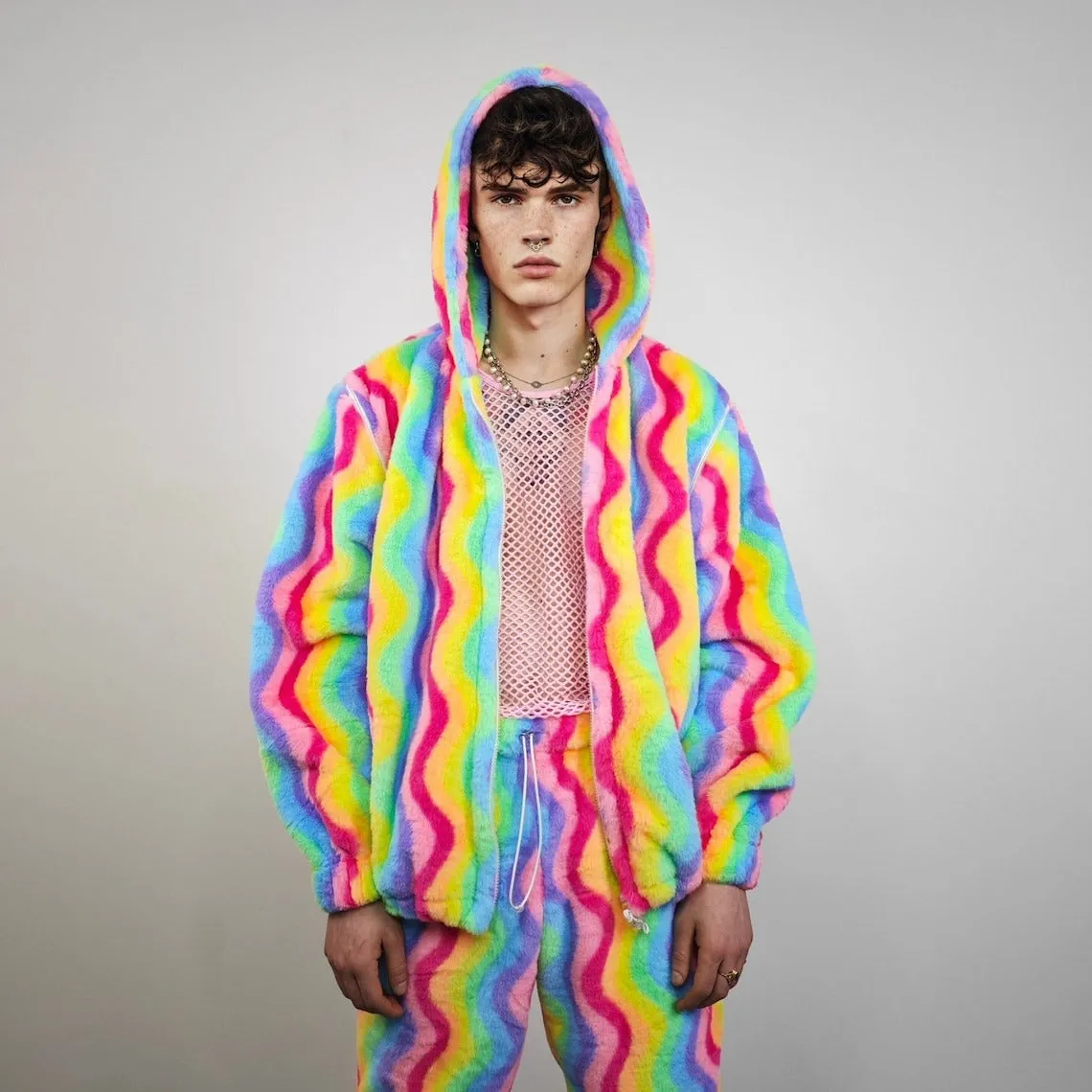 Gay jacket rainbow hoodie festival fleece bright raver bomber fluffy carnival overcoat LGBT jumper festival pullover burning man top