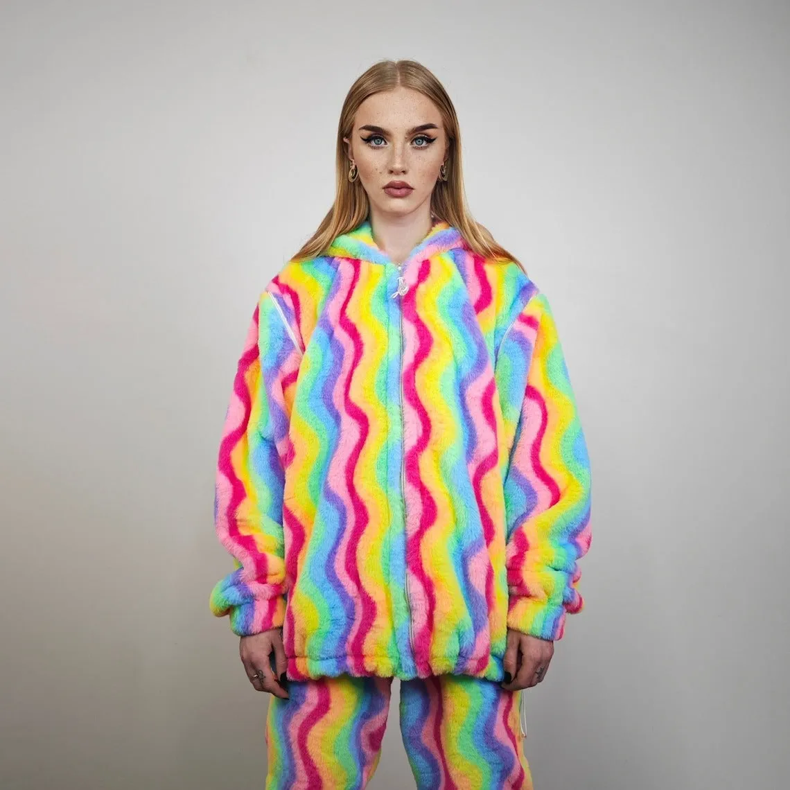 Gay jacket rainbow hoodie festival fleece bright raver bomber fluffy carnival overcoat LGBT jumper festival pullover burning man top