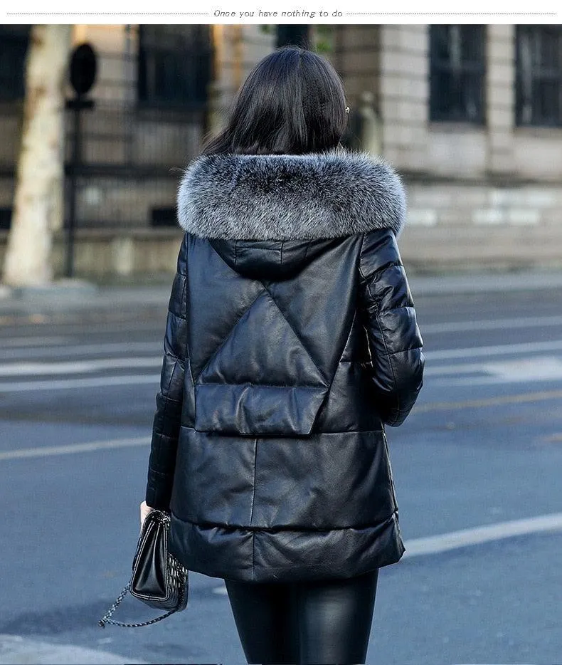 Genuine Leather Jacket Women Faux Fox Fur and Hooded