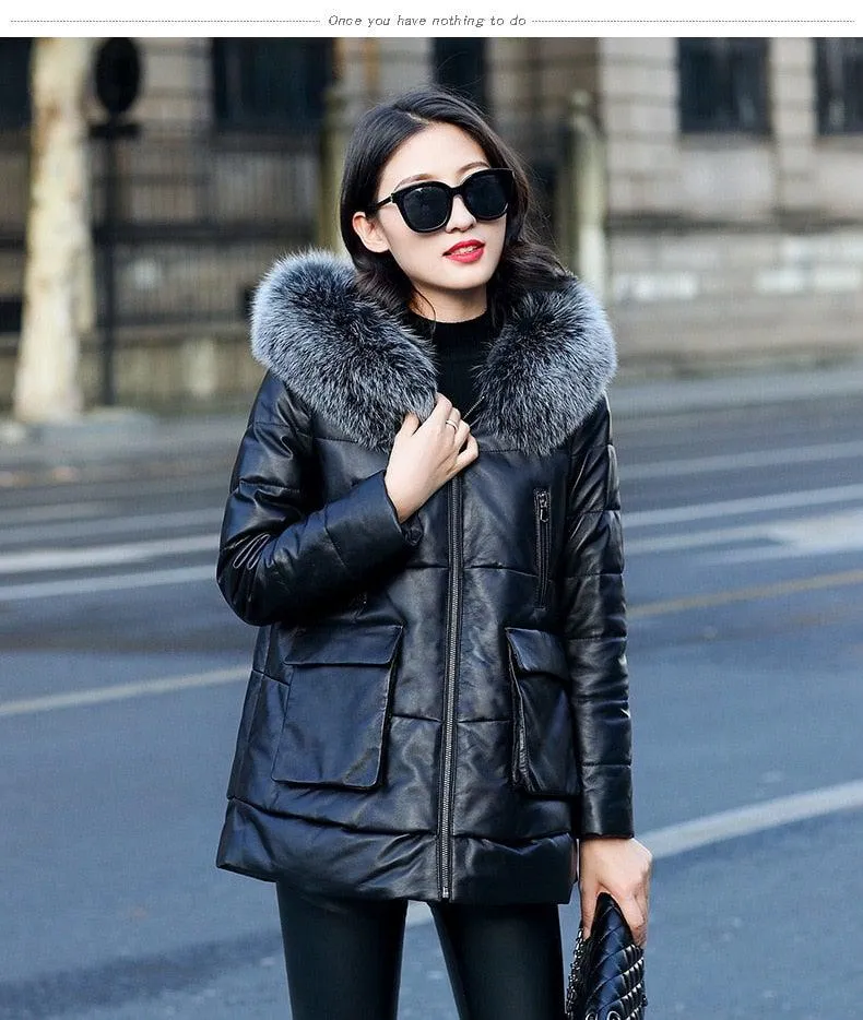 Genuine Leather Jacket Women Faux Fox Fur and Hooded