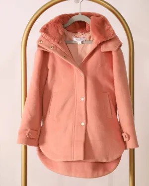 Girls Hooded Button-Up Coat with Detachable Fur - Pink