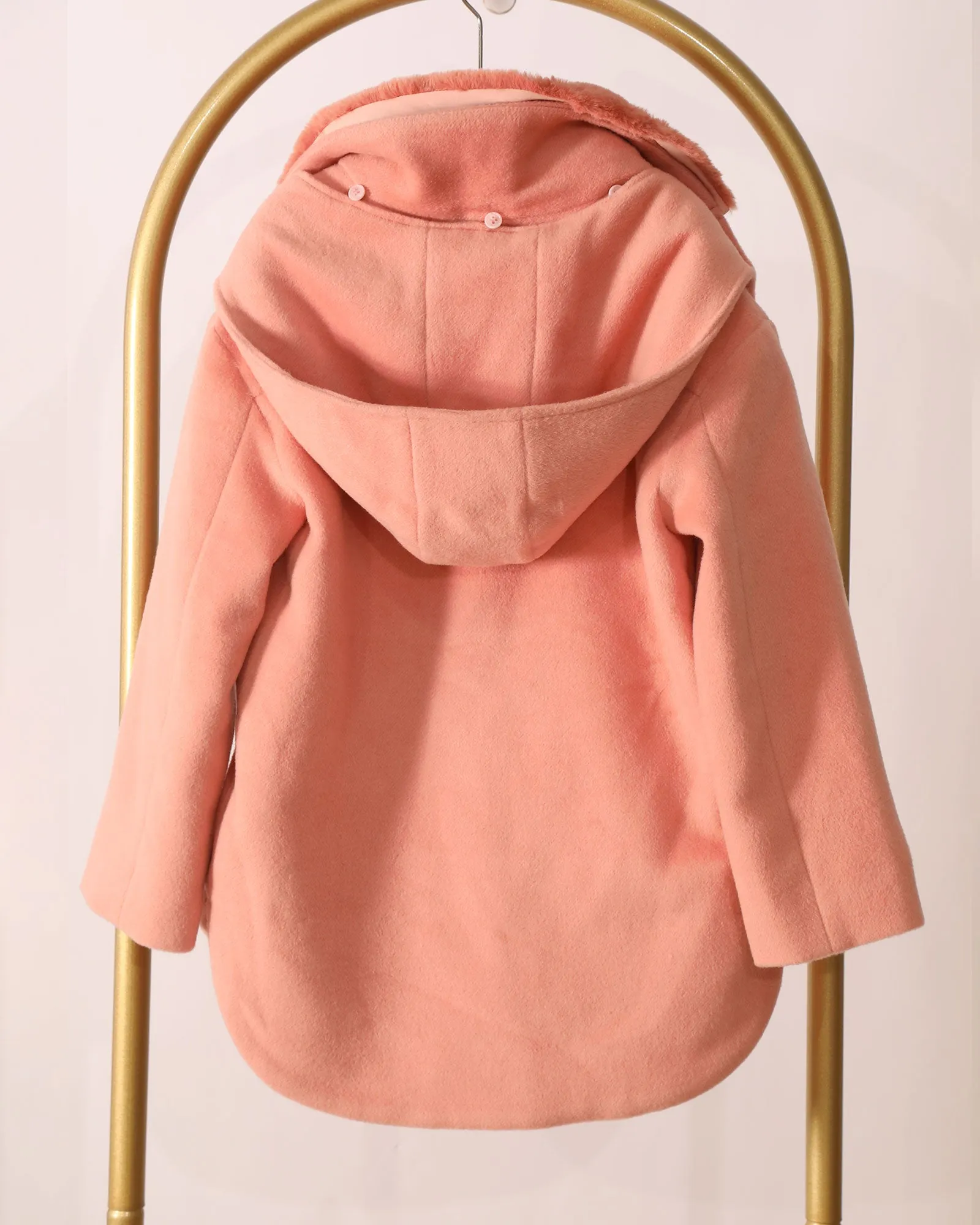 Girls Hooded Button-Up Coat with Detachable Fur - Pink