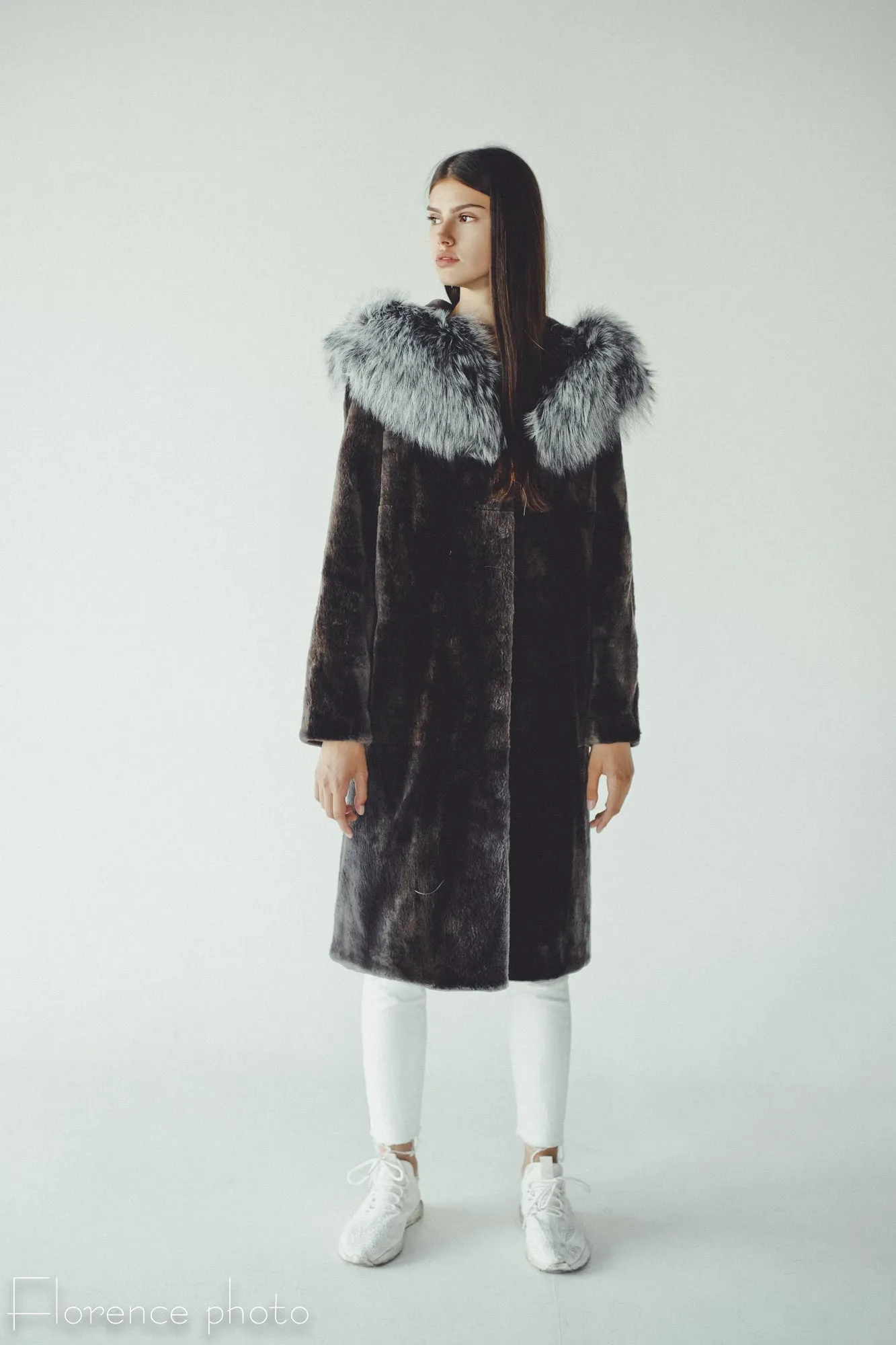 Hooded Long Silver Fox and Beaver Coat