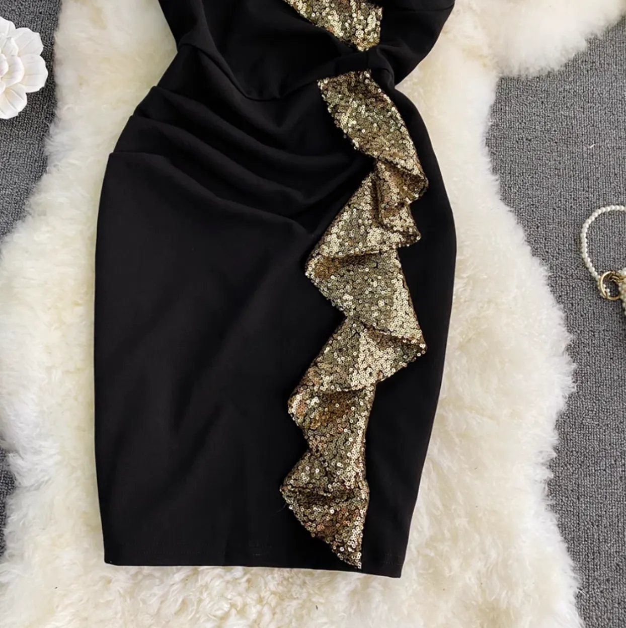 Irregular Design Ruffled Sequined Dress