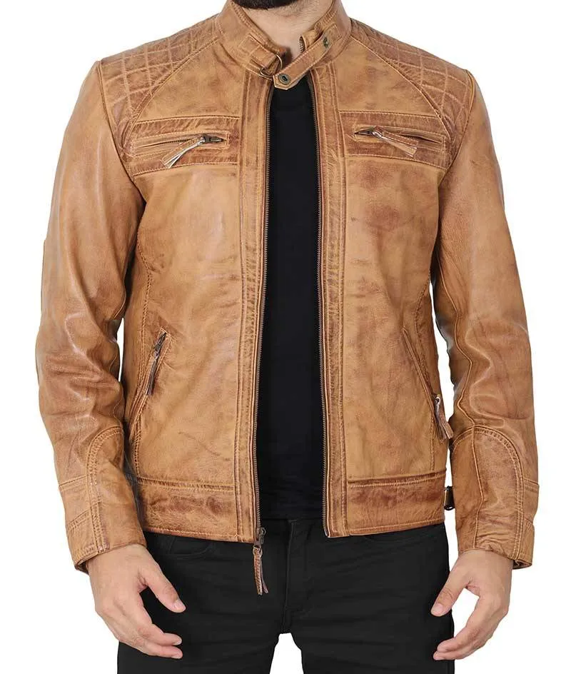 Johnson Quilted Distressed Camel Leather Jacket Mens