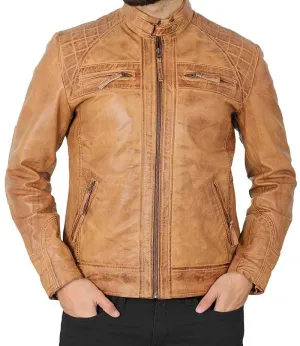 Johnson Quilted Distressed Camel Leather Jacket Mens