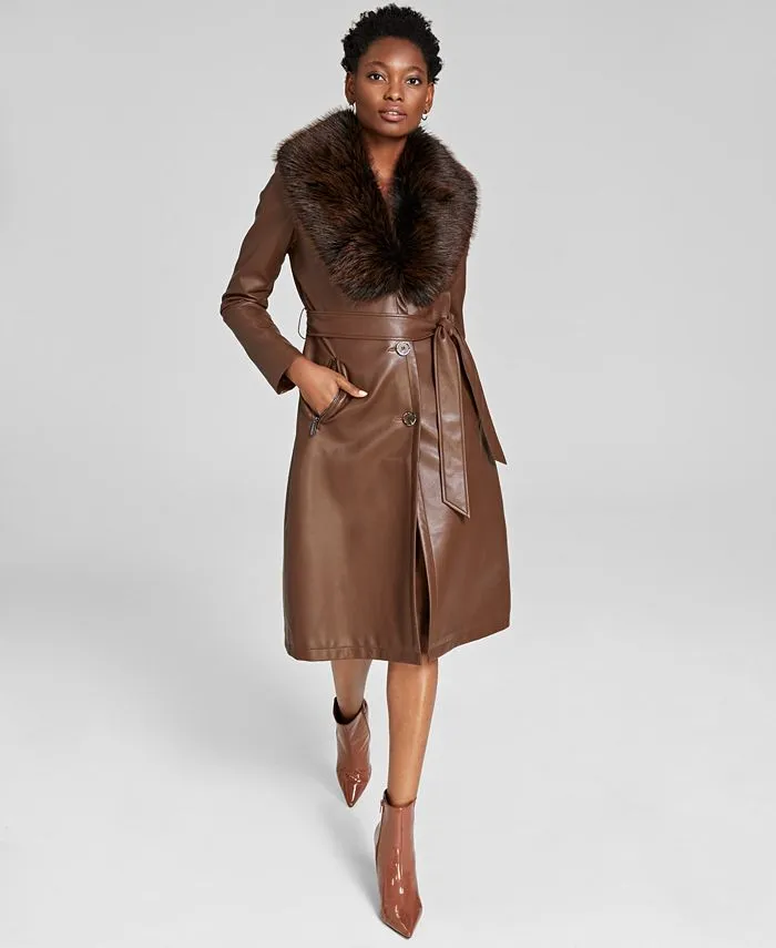 Kenneth Cole Women's Faux-Fur-Trim Faux-Leather Coat