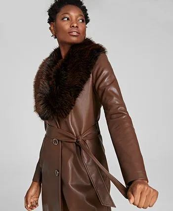 Kenneth Cole Women's Faux-Fur-Trim Faux-Leather Coat