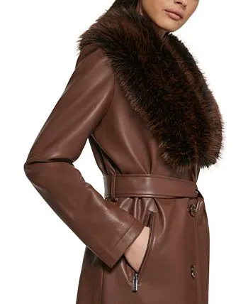 Kenneth Cole Women's Faux-Fur-Trim Faux-Leather Coat