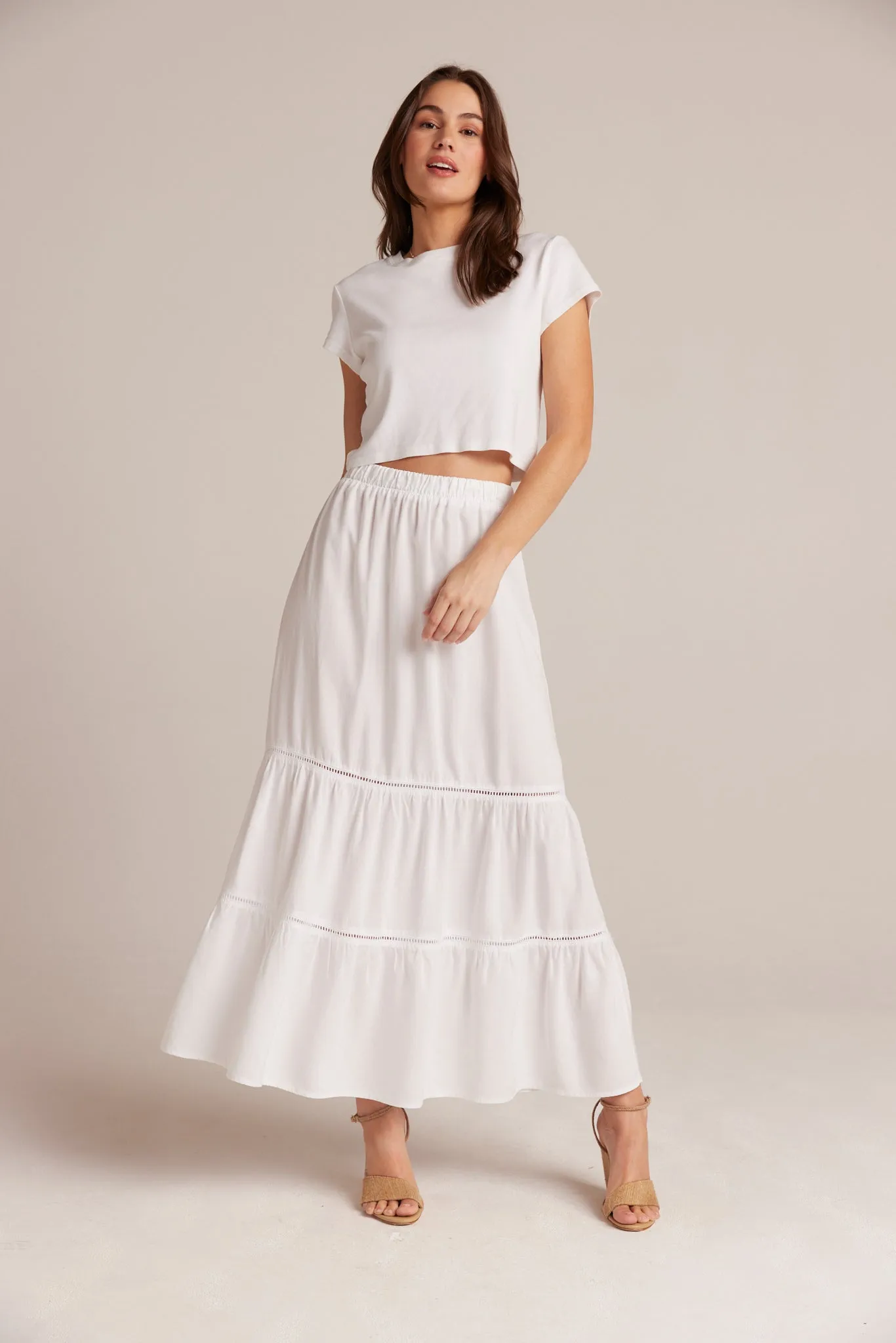 Ladder Trim Tiered Maxi Skirt - White