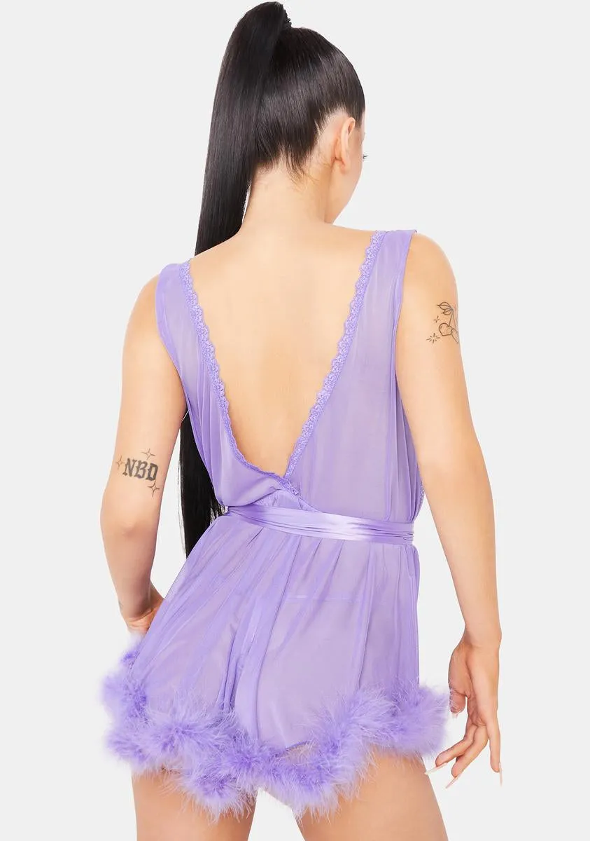 Lavender Mesh Babydoll With Faux Fur