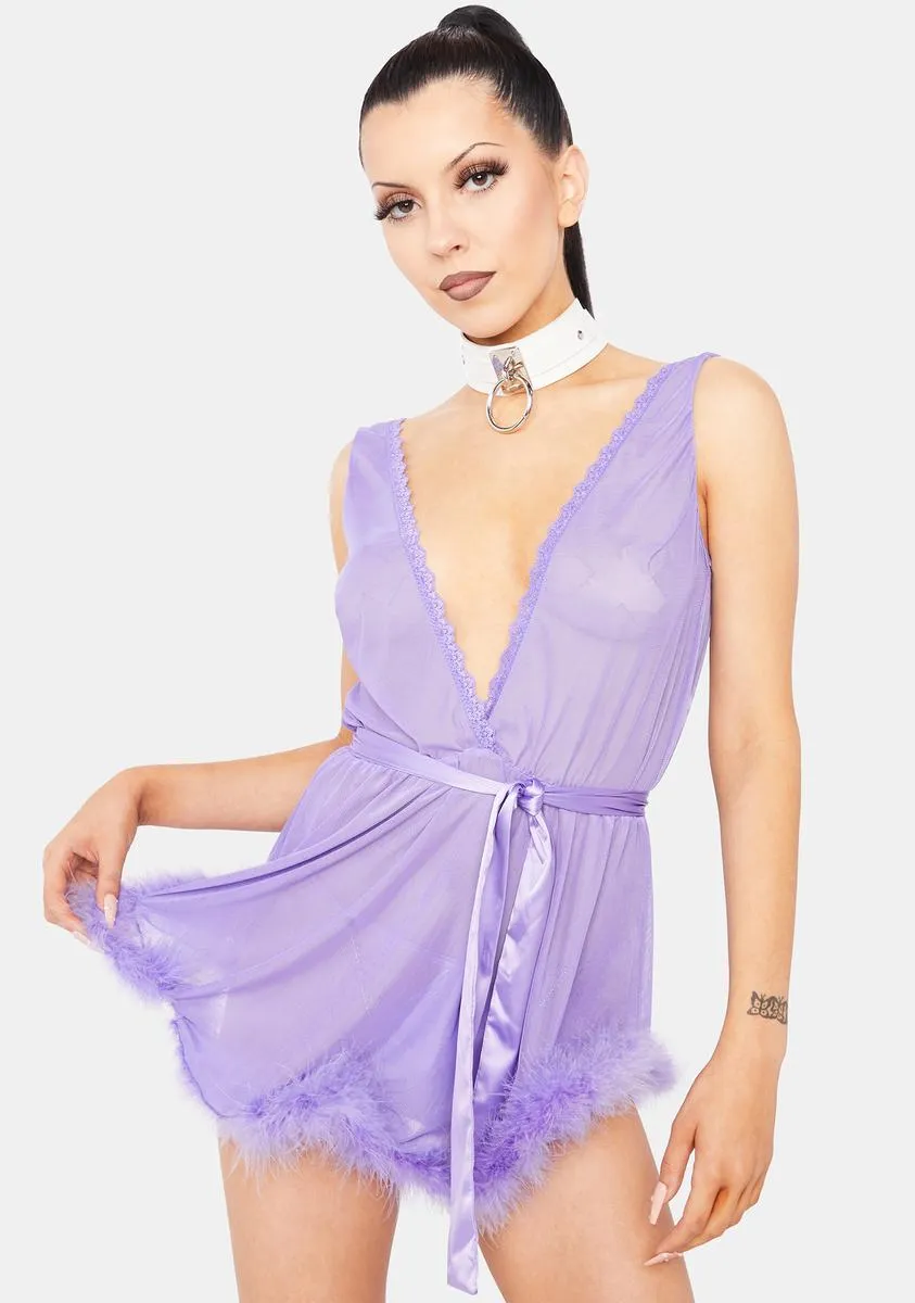 Lavender Mesh Babydoll With Faux Fur