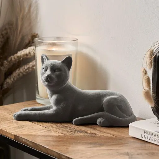 Laying Cat Figurine Grey Velvet Ornament