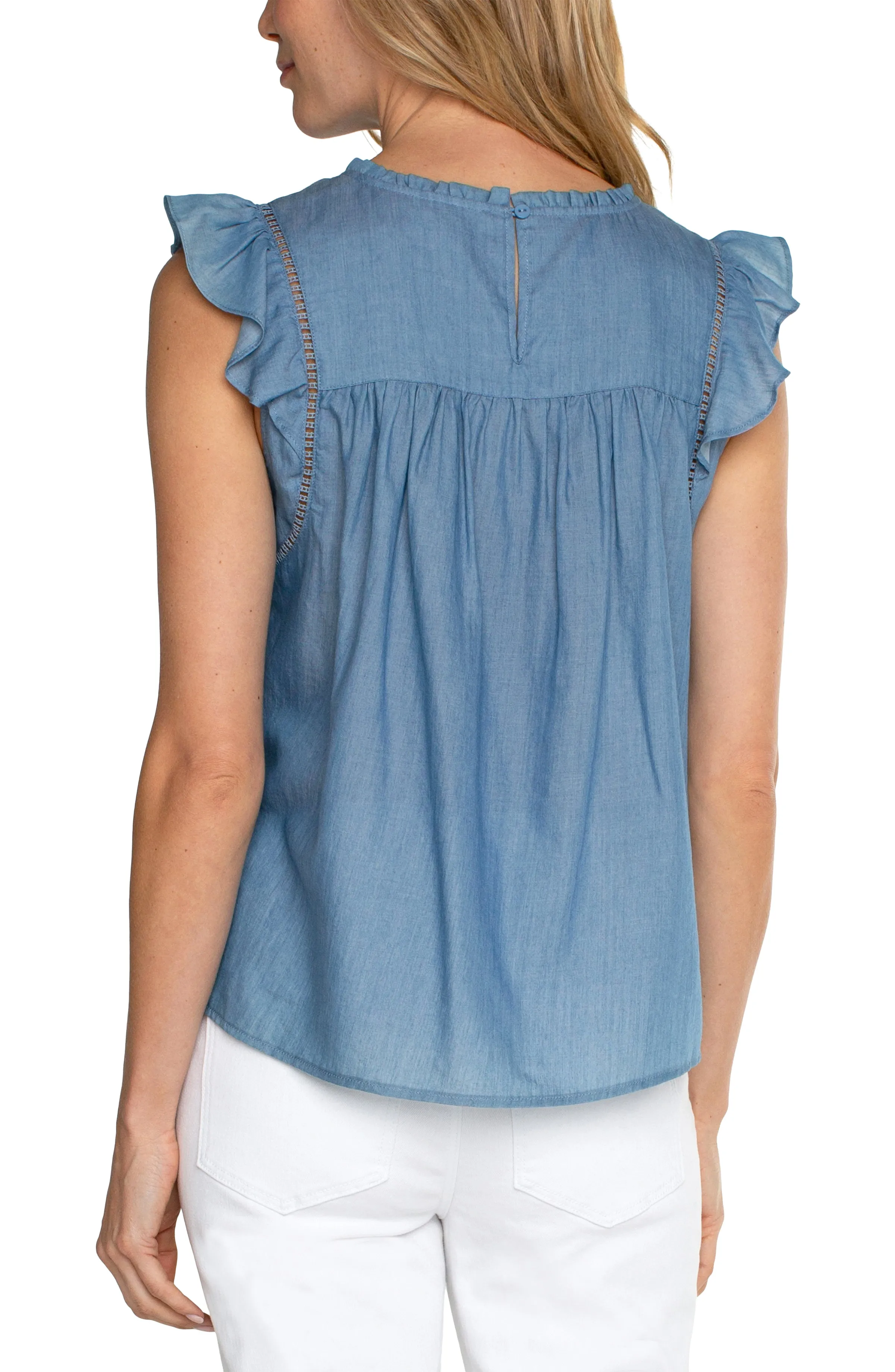 Liverpool Flutter Sleeve Woven Top w/ Trim Detail (bridgeton light)