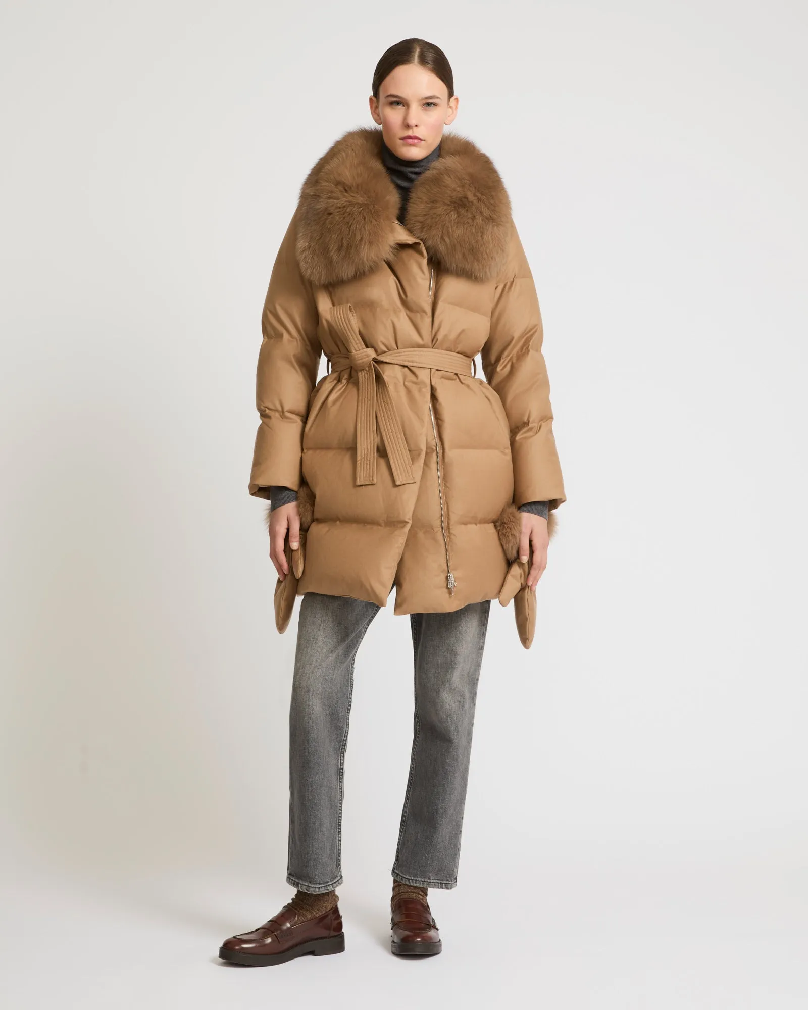 Loro Piana flannel down jacket with detachable fox fur collar