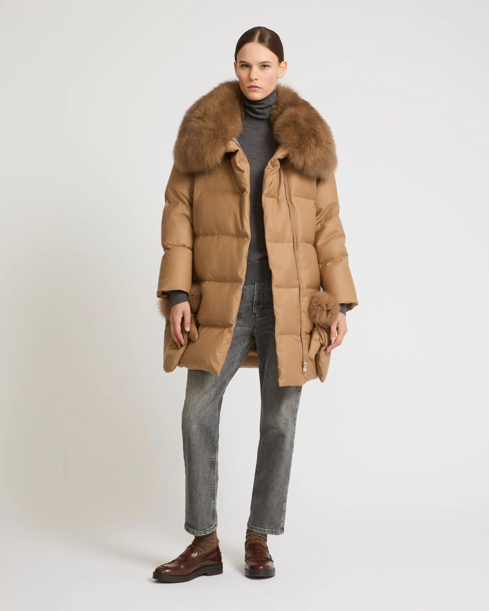 Loro Piana flannel down jacket with detachable fox fur collar