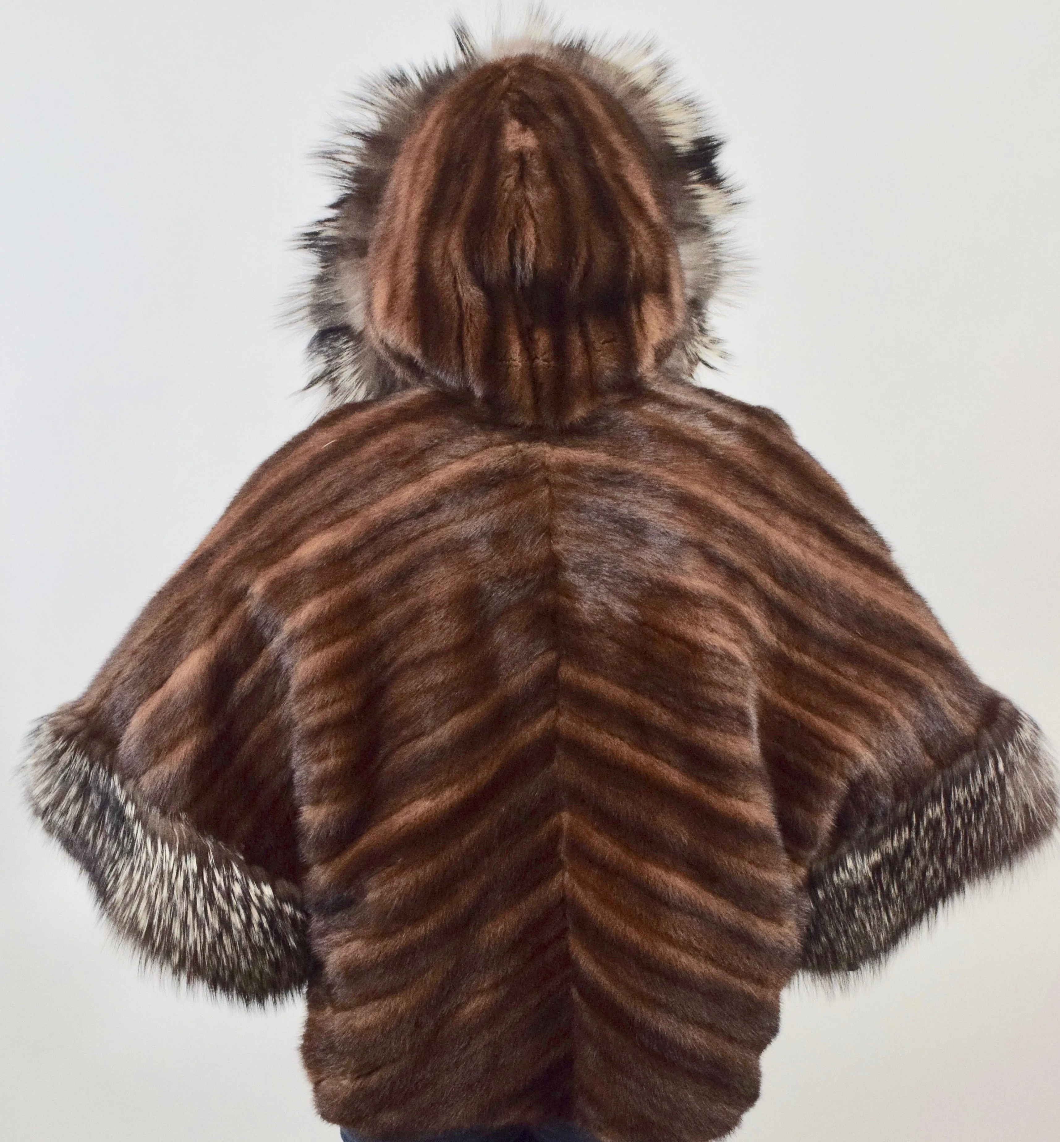 Mahogany Mink & Silver Fox Fur Hooded Vest/Jacket/Cape