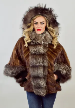 Mahogany Mink & Silver Fox Fur Hooded Vest/Jacket/Cape