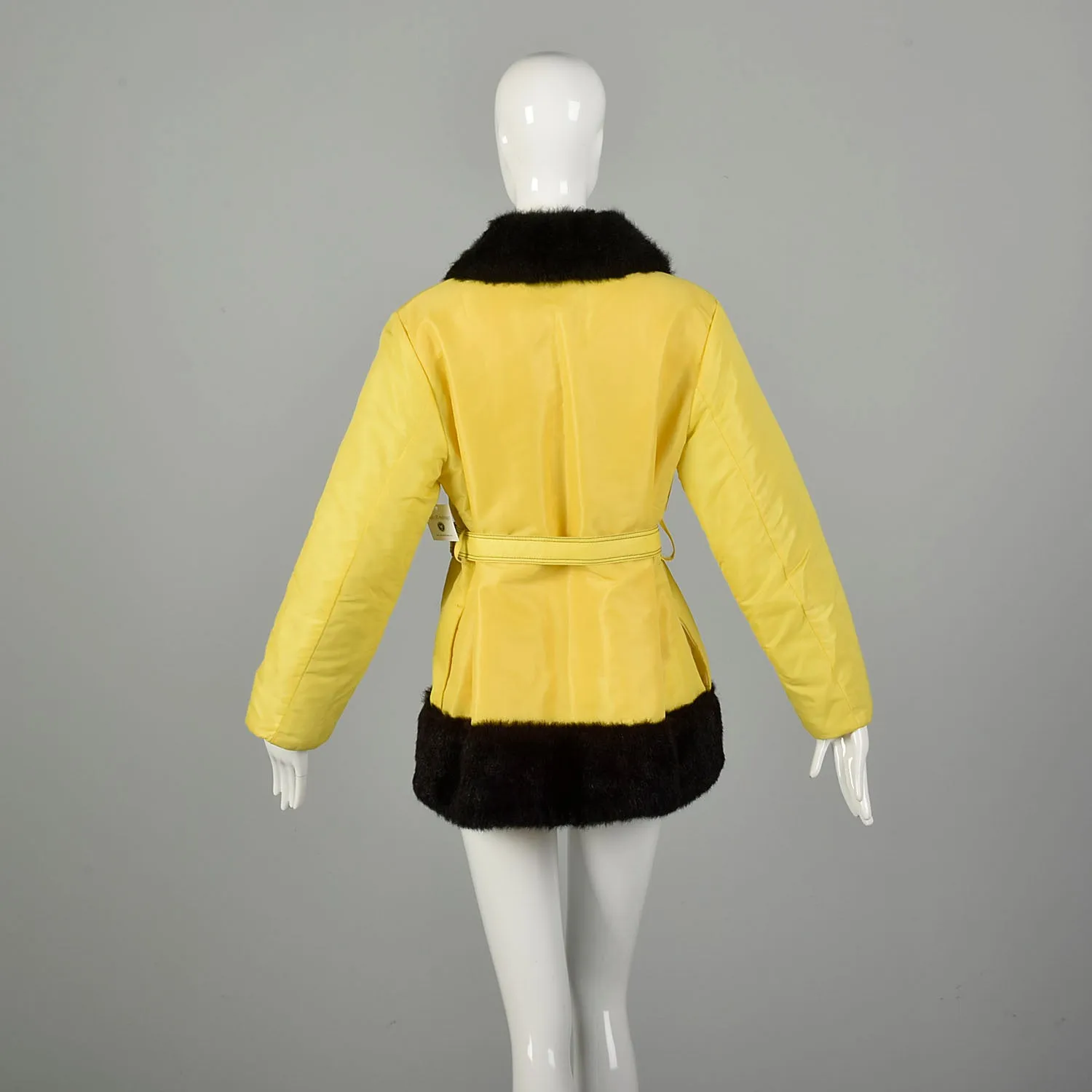 Medium 1970s Yellow Rain Coat Plush Lining Faux Fur Trim  Autumn Winter Jacket