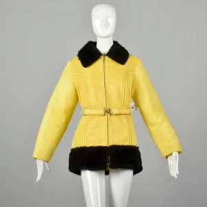 Medium 1970s Yellow Rain Coat Plush Lining Faux Fur Trim  Autumn Winter Jacket