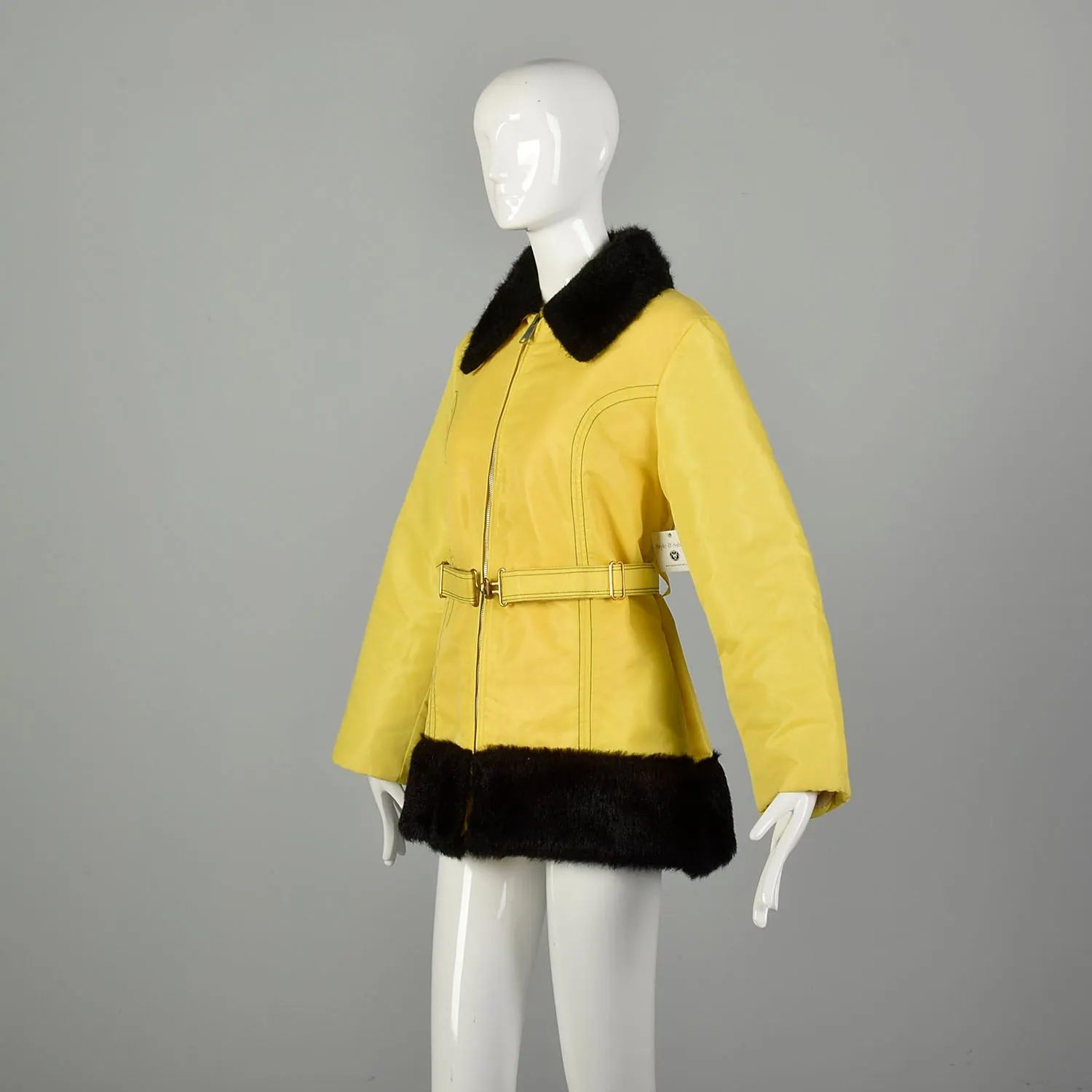 Medium 1970s Yellow Rain Coat Plush Lining Faux Fur Trim  Autumn Winter Jacket