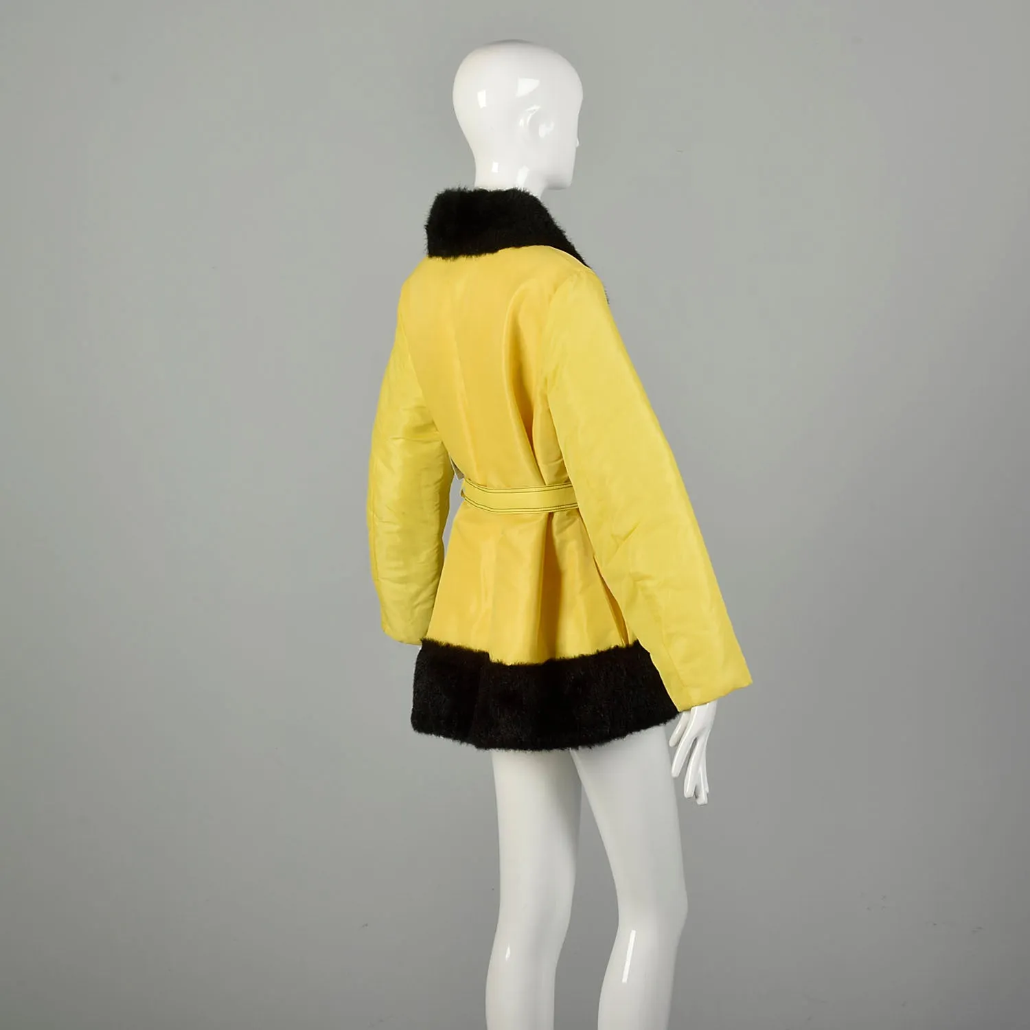 Medium 1970s Yellow Rain Coat Plush Lining Faux Fur Trim  Autumn Winter Jacket