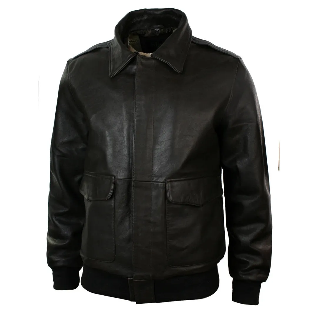 Men's Fur Collar Leather Bomber Pilot Flying Jacket Black Brown A2