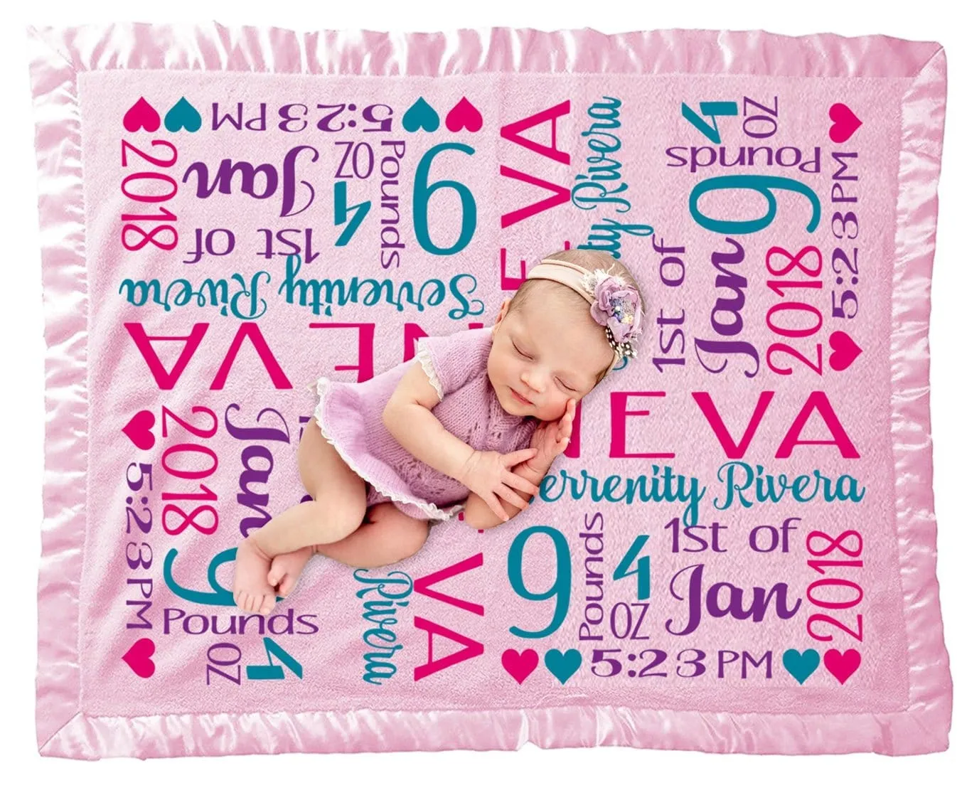 Personalized Baby Blanket Satin Trim Super Soft Pink Girl Blue Boy Receiving Blankets Stroller Fleece Nursery Baby Shower Gift Birth Stats