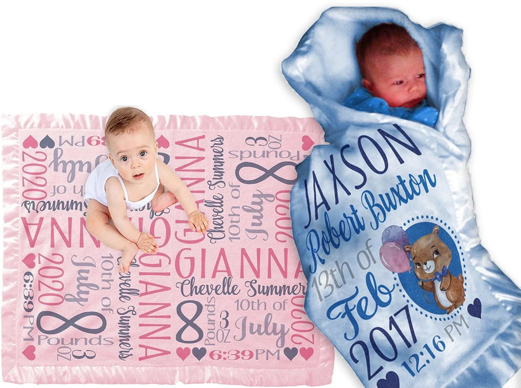 Personalized Baby Blanket Satin Trim Super Soft Pink Girl Blue Boy Receiving Blankets Stroller Fleece Nursery Baby Shower Gift Birth Stats