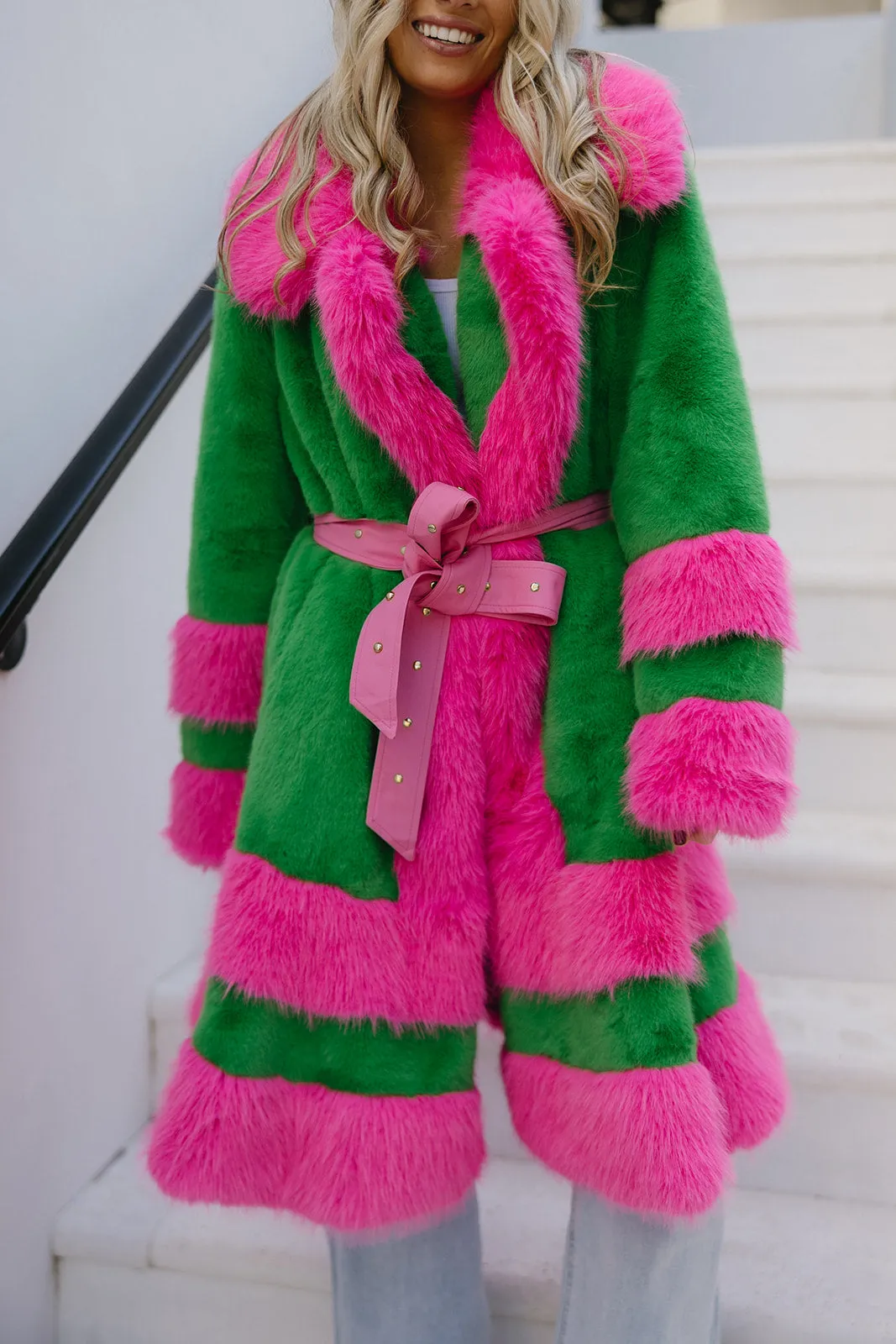 Presley Faux Fur Maxi Coat - Green/Pink