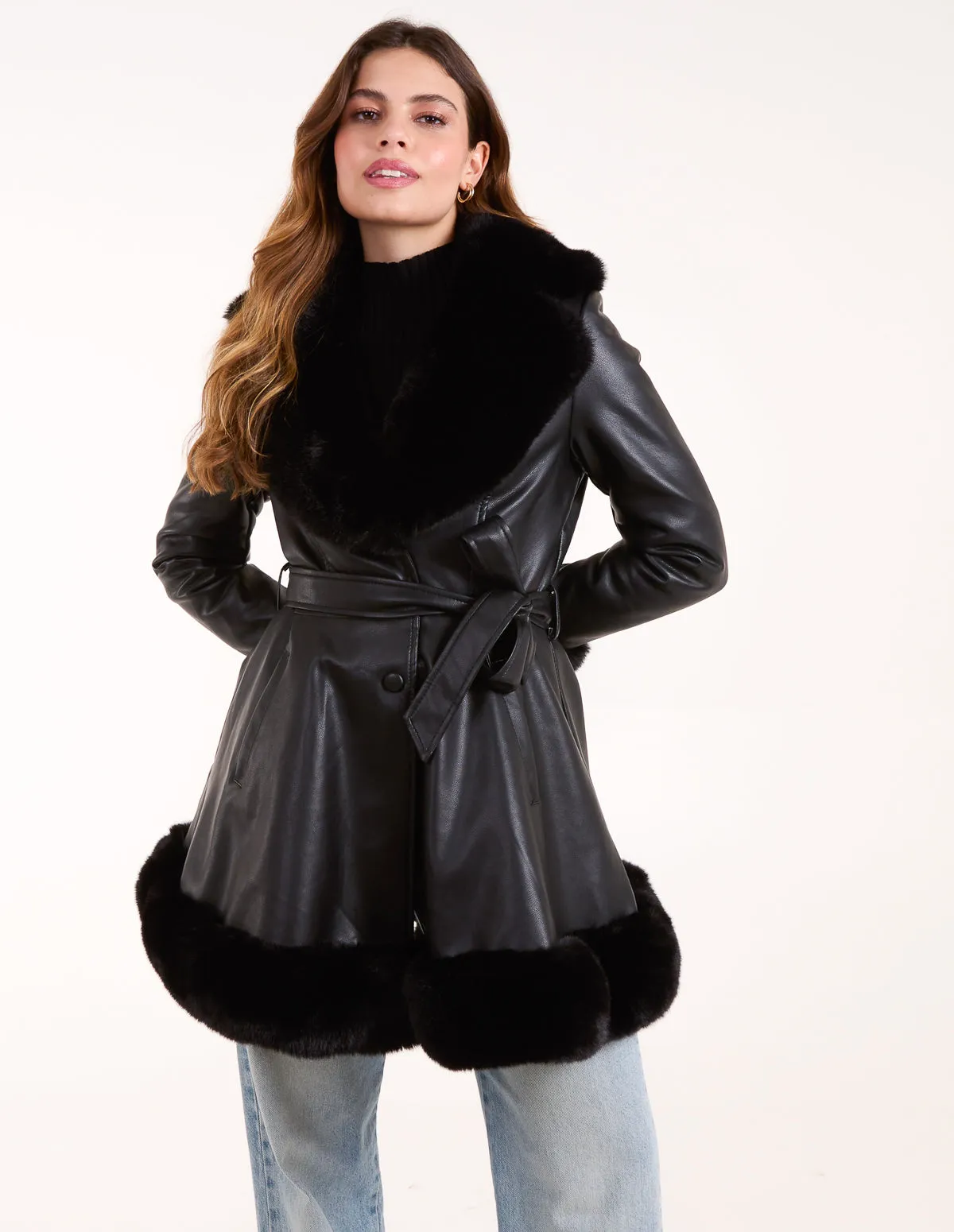 PU Faux Fur Trimmed Belted Coat