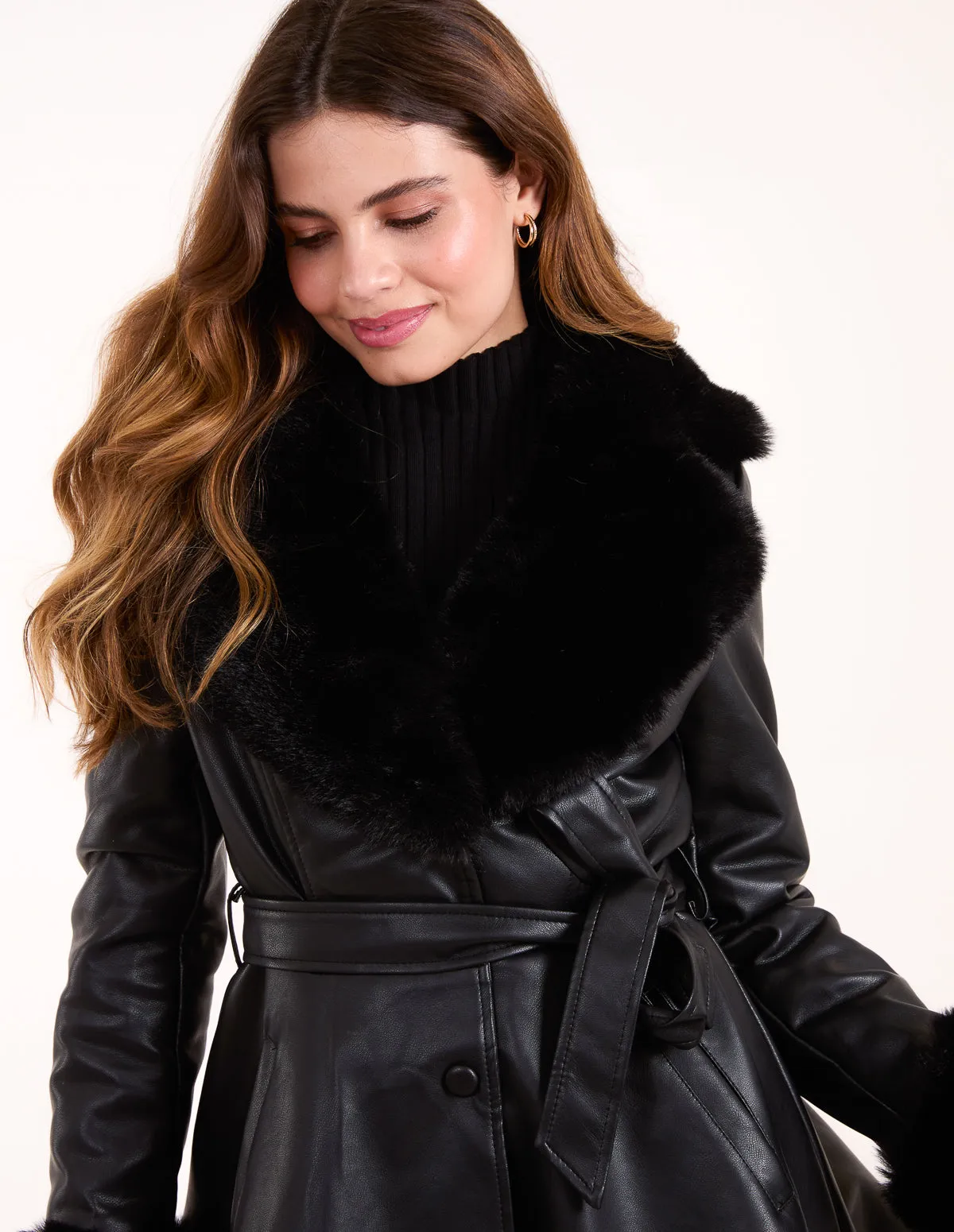 PU Faux Fur Trimmed Belted Coat