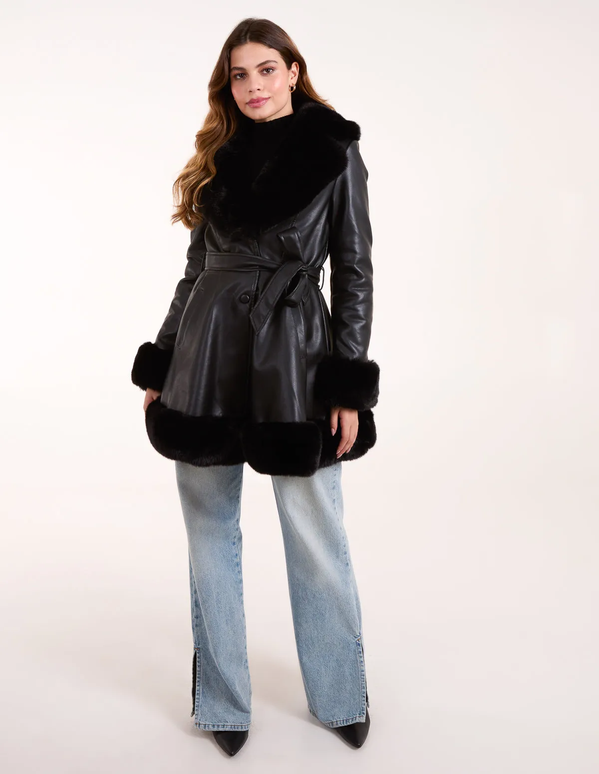 PU Faux Fur Trimmed Belted Coat