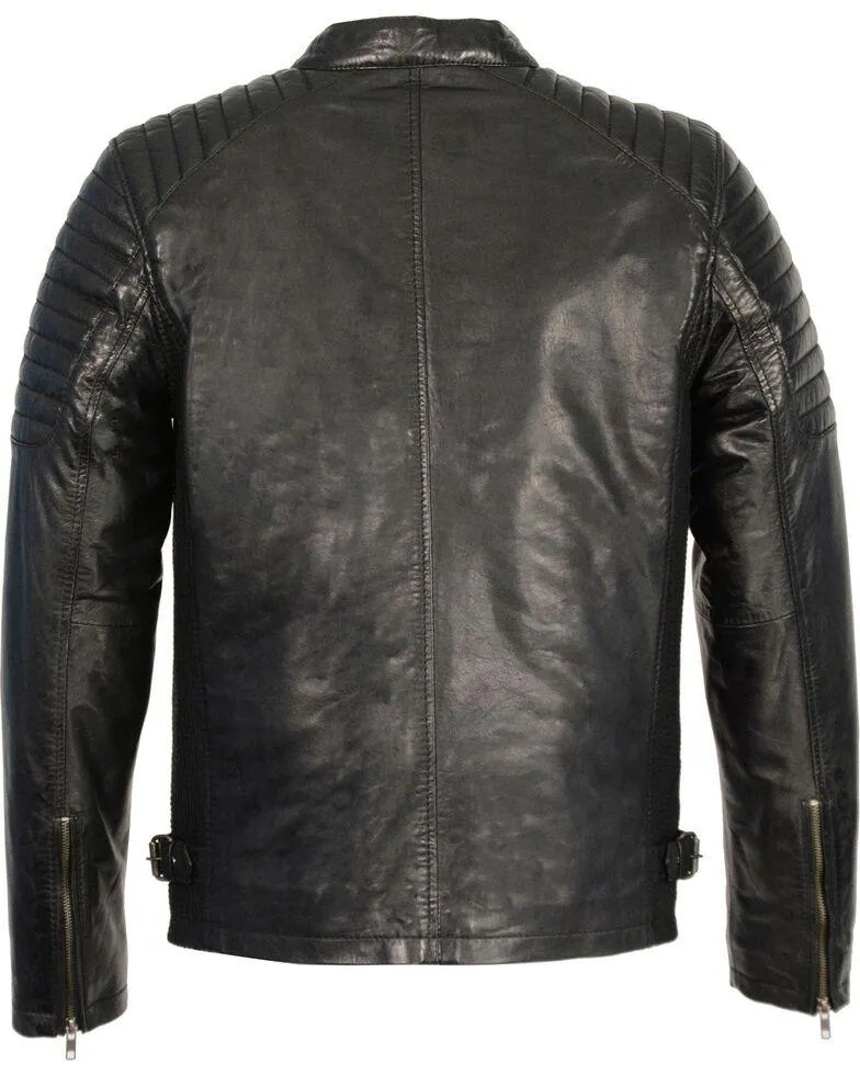 Quilted Shoulders Snap Collar Leather Jacket For Men