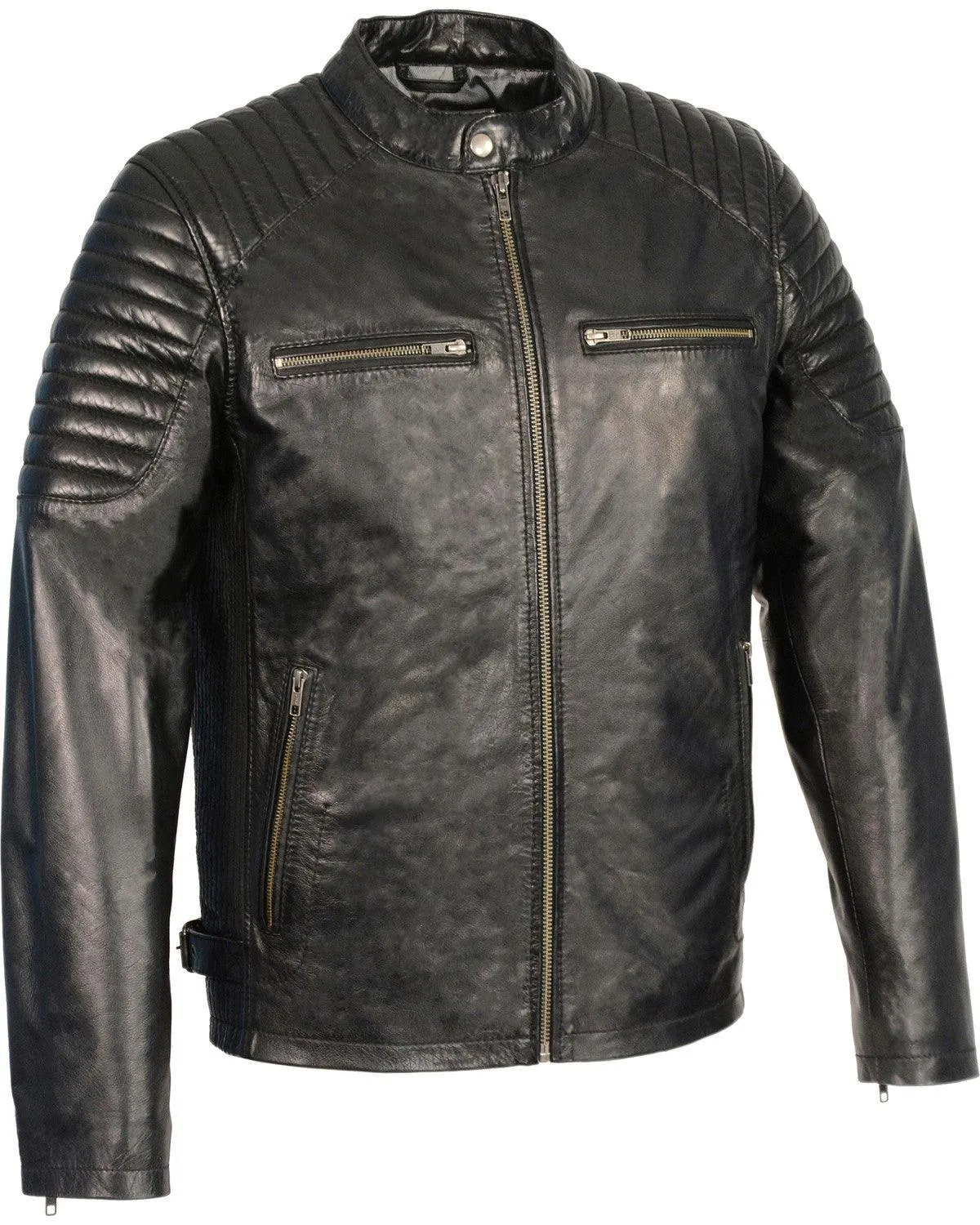 Quilted Shoulders Snap Collar Leather Jacket For Men