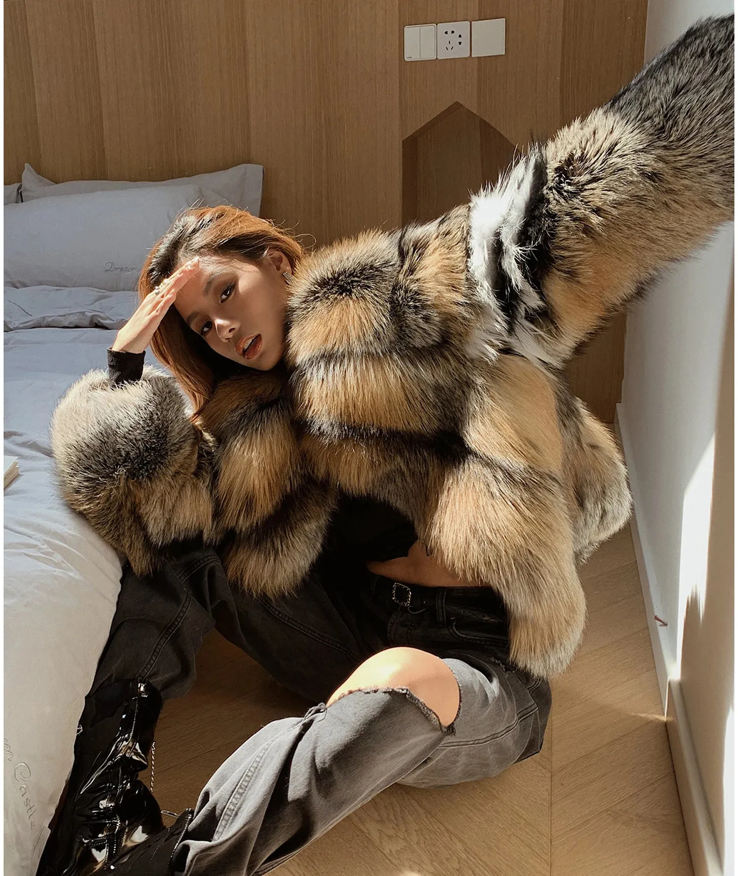 Real Natural Silver Fox Fur High Class Chic Genuine Fur coat Autumn coat