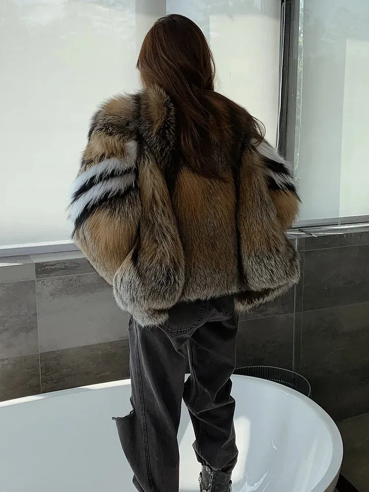 Real Natural Silver Fox Fur High Class Chic Genuine Fur coat Autumn coat