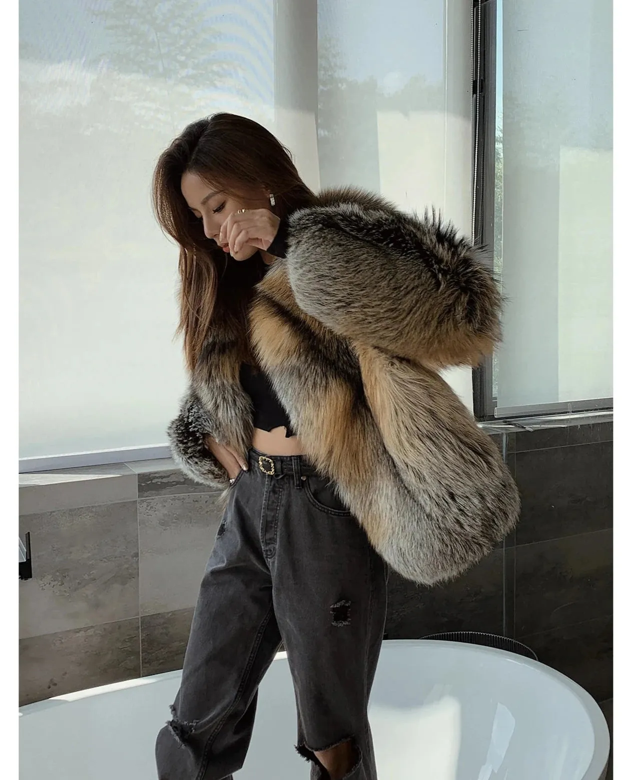 Real Natural Silver Fox Fur High Class Chic Genuine Fur coat Autumn coat