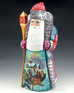 Russian Santa with Frosted Trim and Painted Scenes