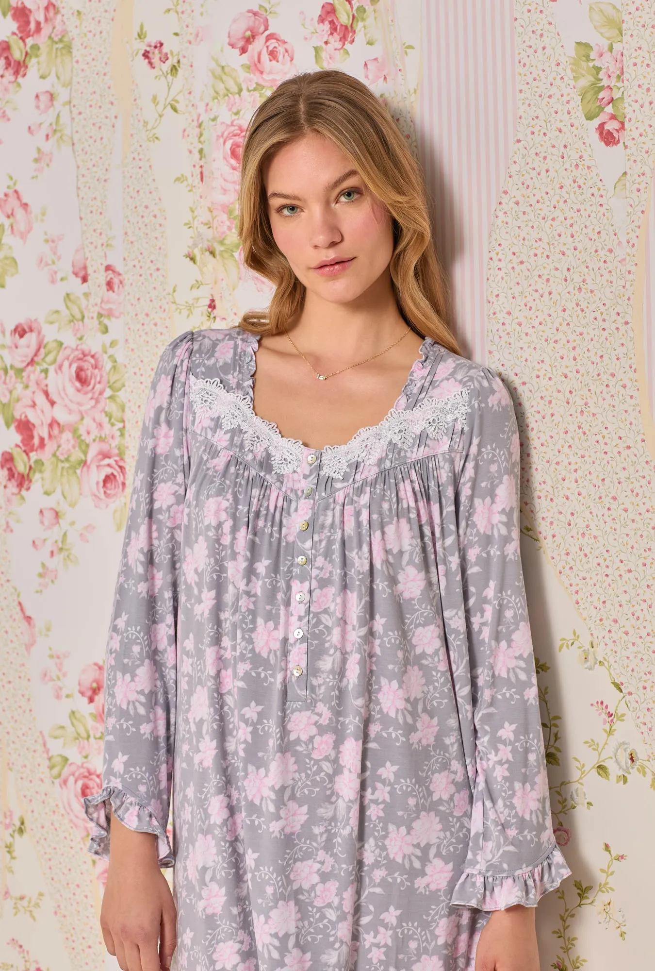 Tencel™ Water Roses Waltz Long Sleeve Knit Nightgown