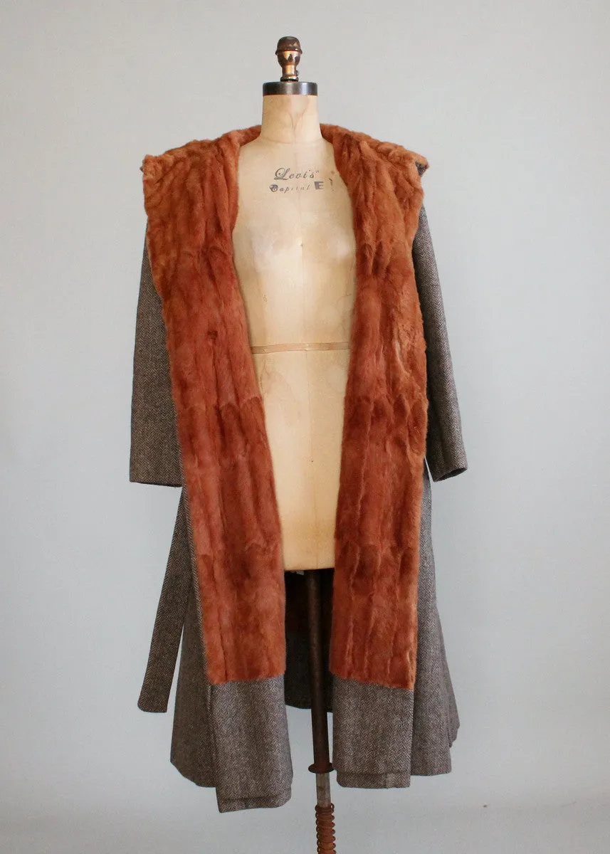 Vintage 1970s Tweed Hooded Trench Coat with Fur Lining