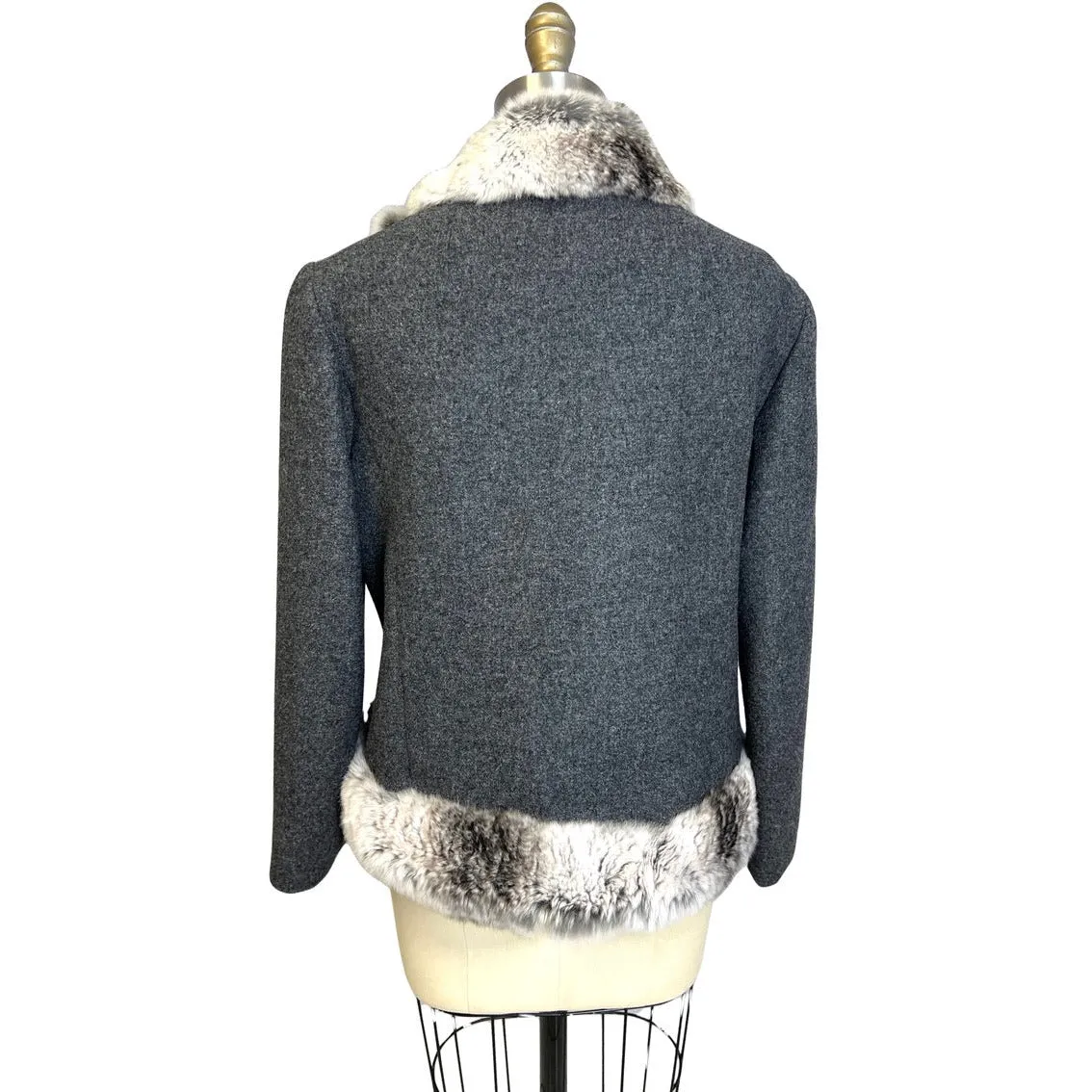 Vtg 1970s Boxy Charcoal Gray Wool Jacket Chinchilla Fur Trim Womens M