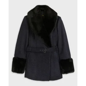 Women Wmo-Llotie-Belted Coat With Faux Fur Collar And Cuffs - Dk-Navy