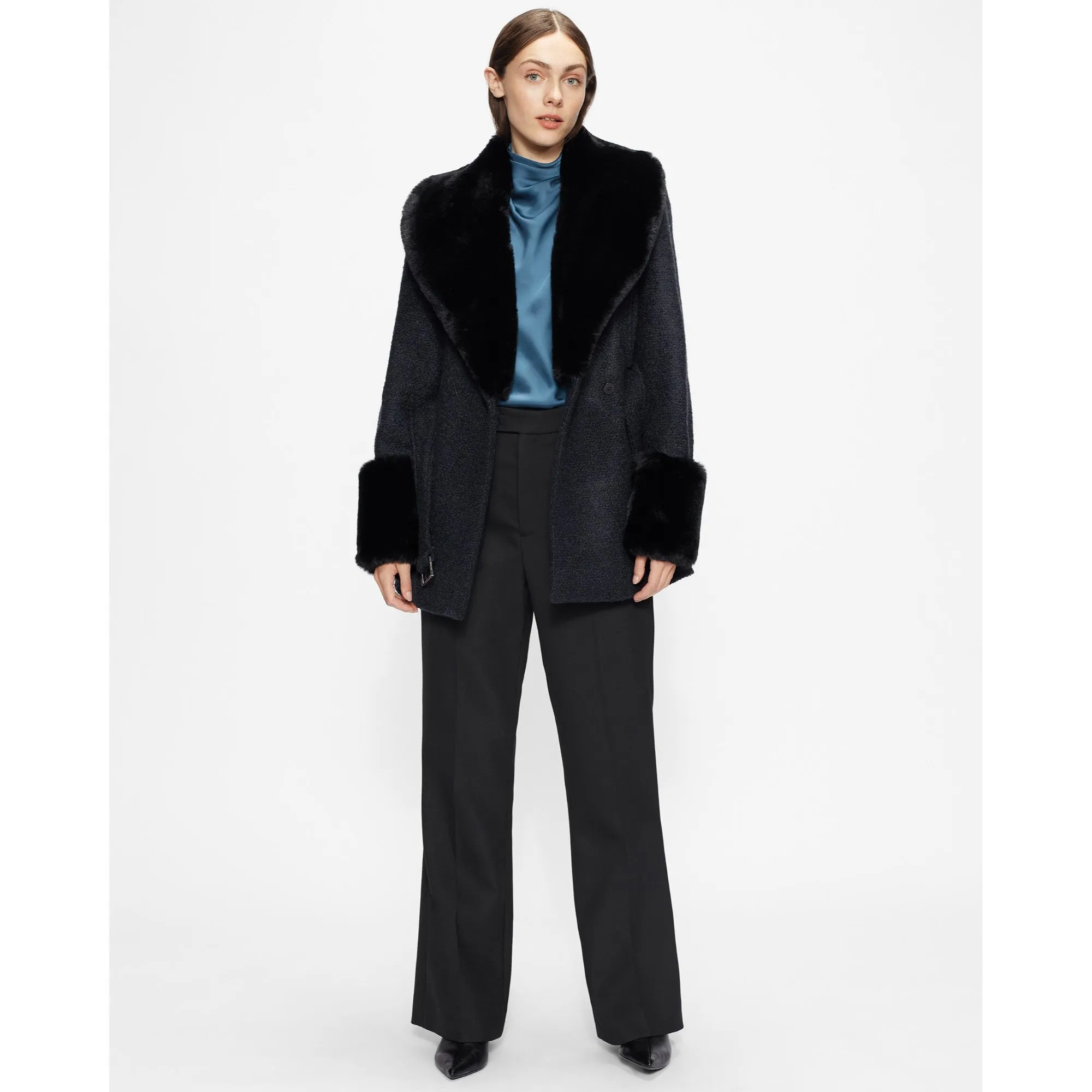 Women Wmo-Llotie-Belted Coat With Faux Fur Collar And Cuffs - Dk-Navy